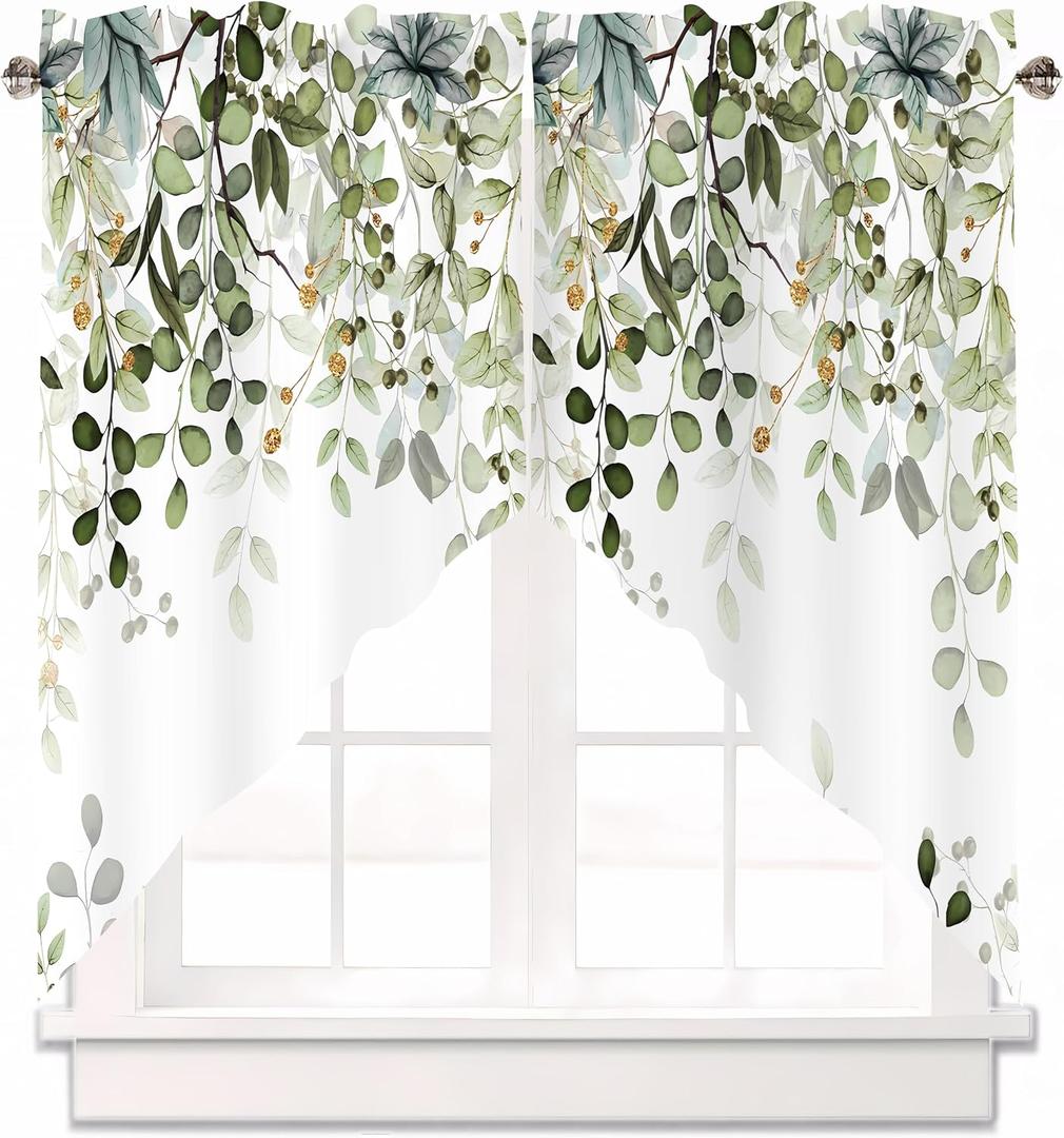 Sage Green Eucalyptus Swag Curtain Valance for Windows,Watercolor Leaves Window Treatments Short Swag Topper for Kitchen Windows Bathroom Bedroom,28 x 36 Inch