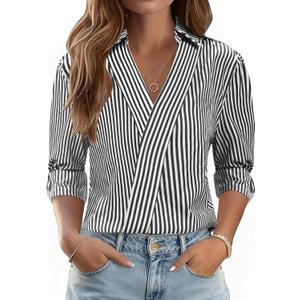 LOMON 3/4 Length Sleeve Womens Tops Dressy V Neck Collared Shirts Trendy Business Casual Work Blouses Vacation Outfits 2026 (M)