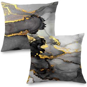 Black Grey and Gold Marble Pillow Covers 18x18 Double-Sided, Abstract Modern Decorative Throw Pillow Covers for Living Room Bedroom, Modern Home Decor, Black and Gold Decor, Set of 2