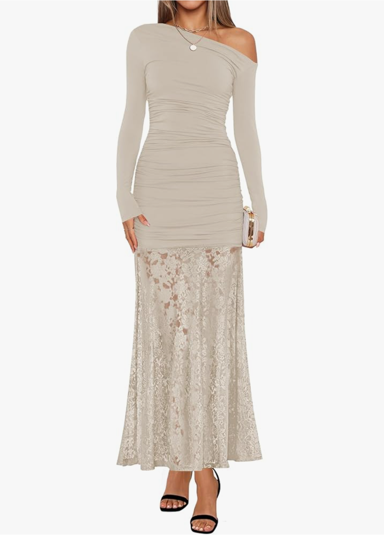 ZESICA Women's Long Sleeve Off Shoulder Bodycon Dresses Fall 2026 Ruched Lace Wedding Guest Cocktail Formal Maxi Dress, Apricot, Small