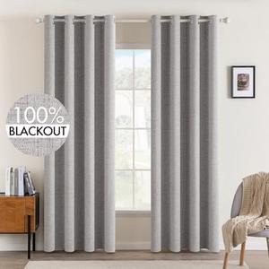 MIULEE Linen Texture 90 Inches Curtains for Bedroom 100% Blackout Thermal Insulated Greyish White Curtains Grommet Room Darkening Drapes for Living Room Nursery 52x90 Inch (1 Panels)