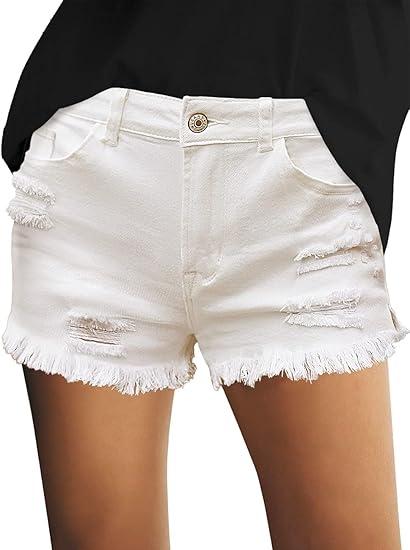 luvamia Women's Casual Mid Rise Denim Shorts Stretch Ripped Raw Hem Jean Shorts, White, Medium