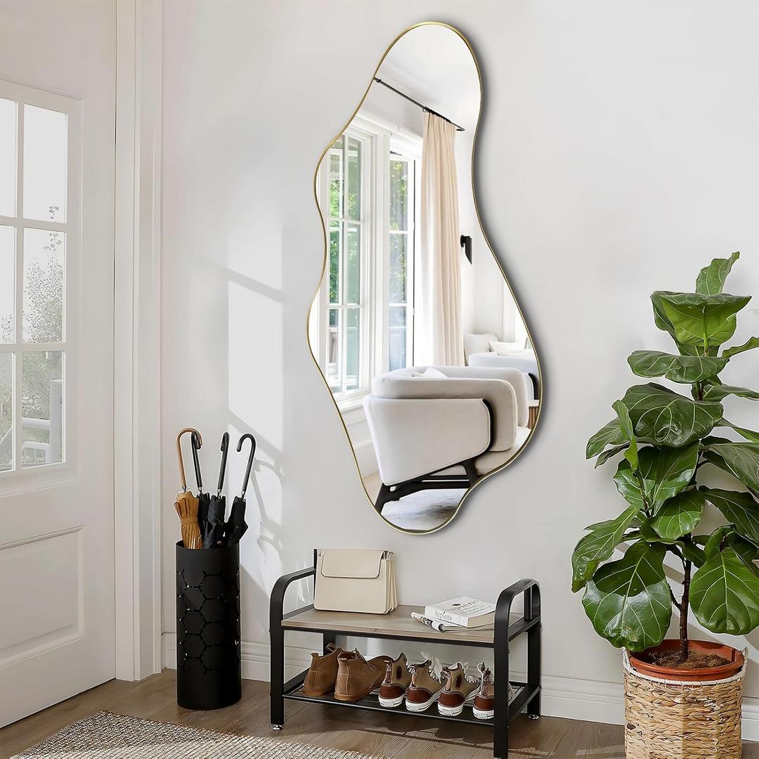 Irregular Wall Mirror, 47"x22" Gold Asymmetrical Mirror with Metal Frame, Modern Organic Shaped Mirror for Living Room Bedroom Hallway Entryway, Horizontal or Vertical Wall Hanging
