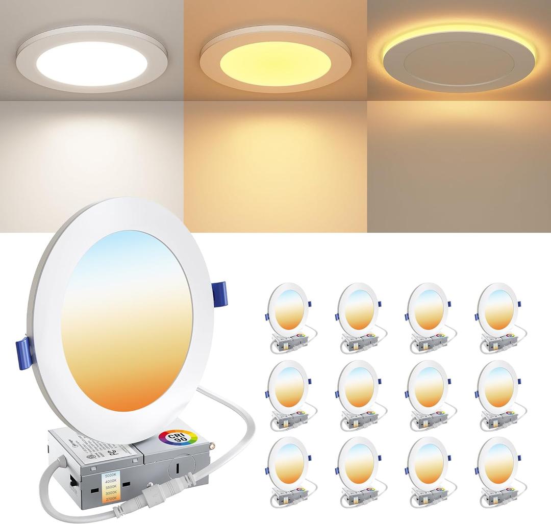 12 Pack 6 Inch LED Recessed Ceiling Light with Night Light| 5CCT Dimmable 2700K-5000K| RA90 1050LM 12W 120V| Ultra-Thin High Brightness Canless Wafer Downlight with Junction Box| IC ETL FCC