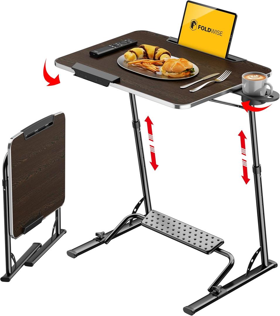 FoldWise Upgraded Folding TV Tray Table - Extra Large & Sturdy Laptop Table for Couch, Height & Angle Adjustable Desk for Dinner, Work & TV - Includes Footrest, Cup Holder, iPad Holder & Edge Stopper ((Black) - Dark Wood Mahogany)