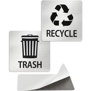 Heavy-Duty Aluminum Recycle and Trash Signs  2-Pack Metal Self-Adhesive Signs for Kitchen Cans, Garbage Bins, and Outdoor Waste Containers, Weatherproof & UV Resista