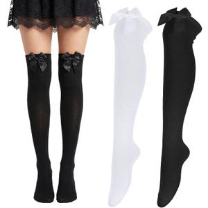2 Pairs Knee High Socks with Bows, Bow White Stockings for Daily Wear, Stretch Girls Knee High Socks for School Uniforms, Dance, Cosplay, Costume Events(Black, White) One Size