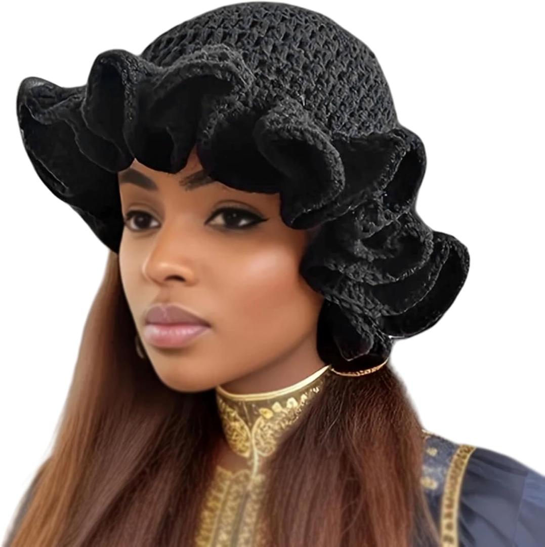 Women Crochet Bucket Hat Cute Winter Ruffled Brim Floppy Cap Handmade Knit Cloche Hats (One Size, Black)