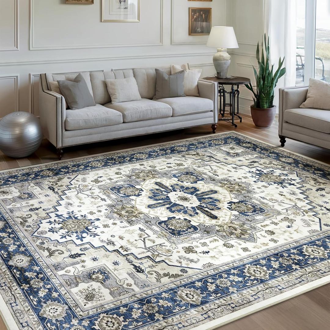 Machine Washable Area Rug 8x10 - Large for Living Room Vintage Oriental Soft Rugs, Low Pile Thin Floor Carpet with Non Slip Backing for Bedroom, Dorm, Under Dining Room Table, Indoor House, Office (Blue/Gray)