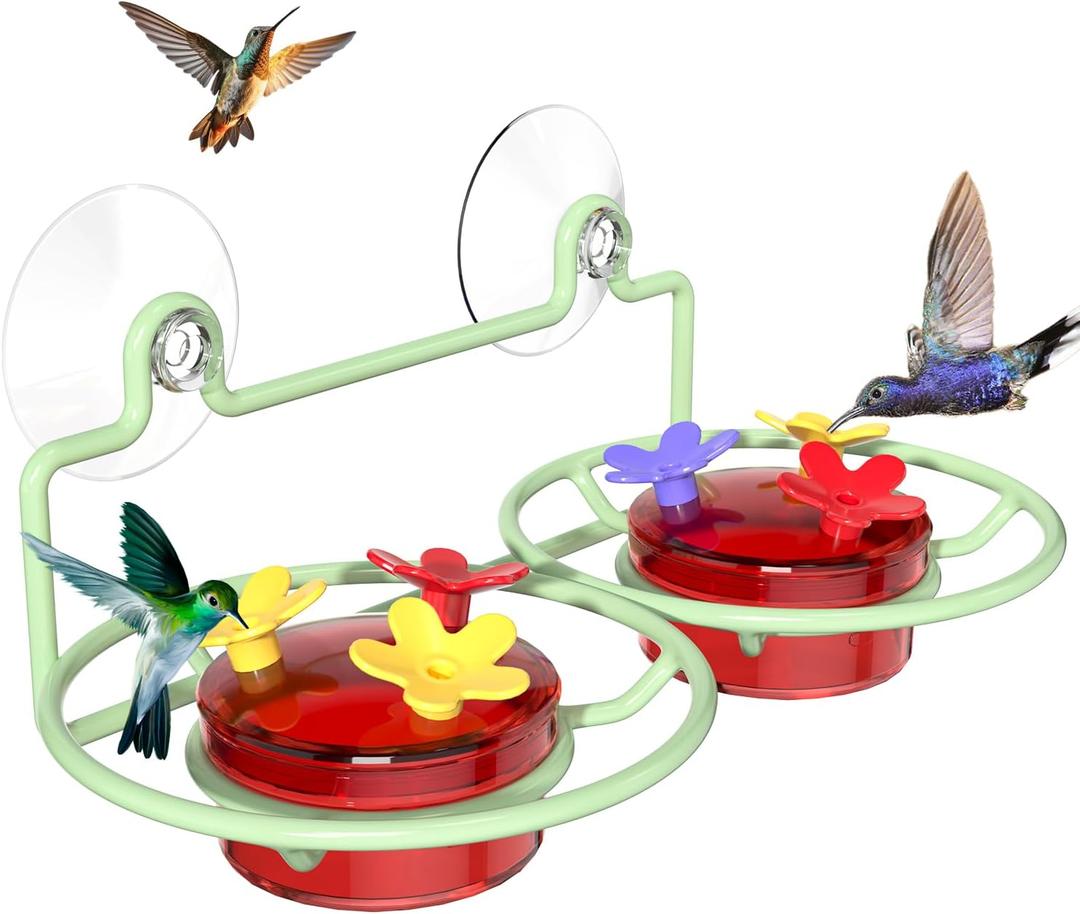 Window Hummingbird Feeder, Small Hummingbird Feeder for Outdoors with Strong Suction Cup - Metal Base & 6 Feeding Ports, Easy to Clean and Refill (1PC-Green)