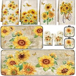 Fourluoo 10 Pcs Sunflower Kitchen Dish Towels Rugs Oven Mitts and Pot Holders Set Farmhouse Kitchen Decor Set for Women Mom Daughter Gift Cooking Baking Grilling (Retro Yellow)