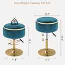 LITZFUR Adjustable Vanity Stool with Storage, 360 Swivel Gold Chair, Velvet Small Round Ottoman Footrest for Bathroom, Makeup Room, Blue