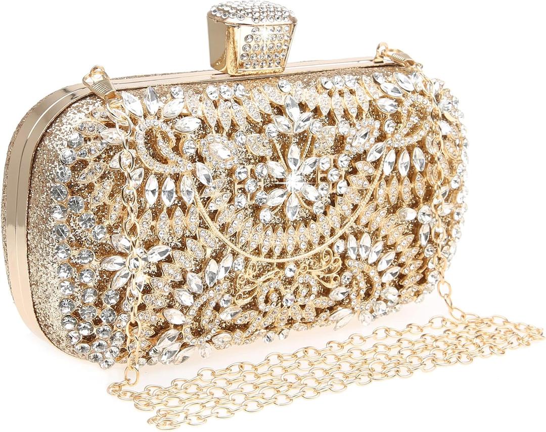 Womens Sparkly Rhinestone Crystal Clutch Bag Glitter Sequin Bridal Purse Evening Handbag for Wedding Party Prom (Full Gold)