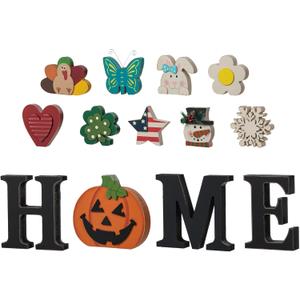 Glitzhome Interchangeable Home Table Signs with 13 Pcs Seasonal Icons, Wooden Changeable Home Sign for Holiday Decor, HOME Letter Sign Ornaments Set Interchangeable Holiday Decorative Shelf Blocks