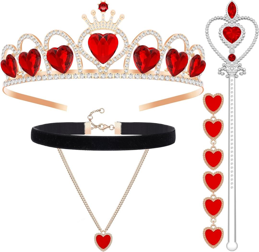 party greeting Valentine's Day Queen Costume Accessories Valentines Party Accessories Gold Queen Crown Headband Choker Wand Red Hearts Earrings Costume Kit for Valentine's Day Cosplay Carnival