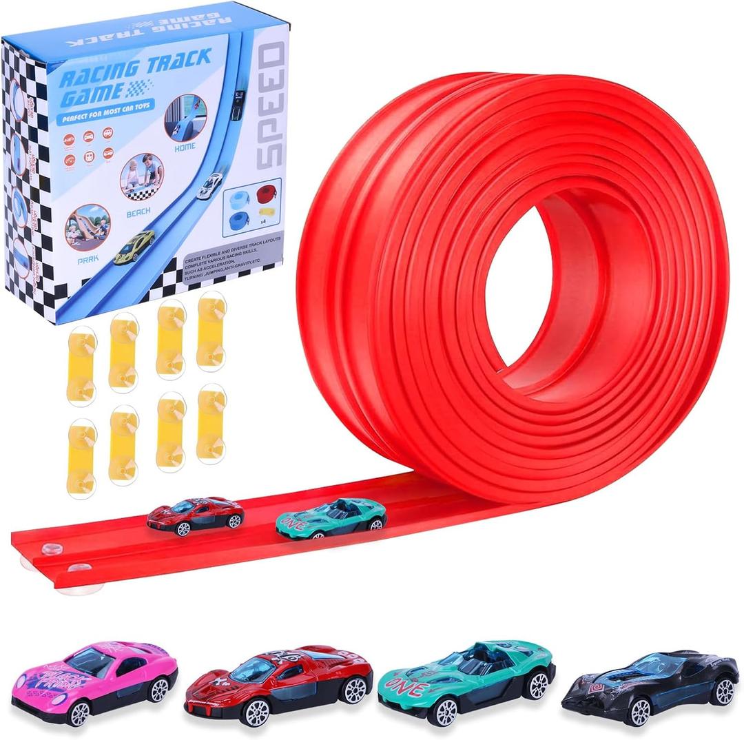 Flexible Race Car Ramp Track,15 Ft Flexible Race Track Set for Kids,with 4 Mini Racecars and 8 Fixed Track Suction Cup Accessories,Rolls Up Portable Racetrack for Boys & Girls Over 36 Months Red
