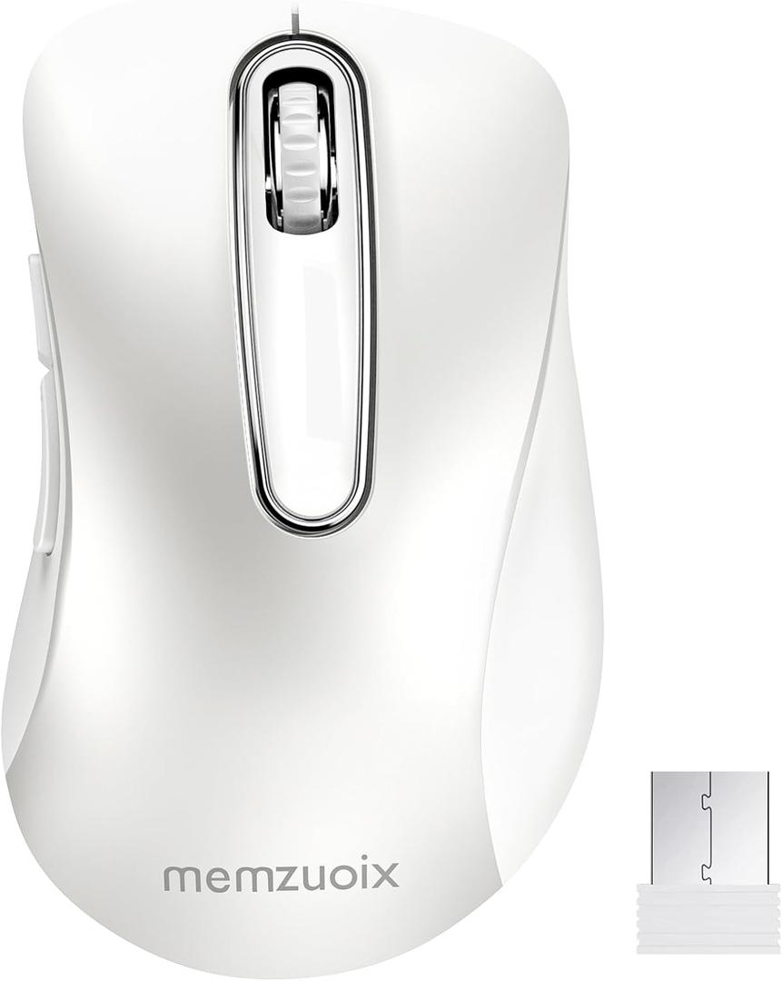memzuoix 2.4G Wireless Mouse, 1200 DPI with USB Receiver, Portable Battery Powered Cordless Mouse for Laptop, PC, Desktop, 5 Buttons (White)