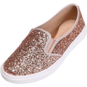 FEVERSOLE Women's Fashion Slip-On Sneaker Casual Flat Loafers (6.5, Rose Gold Glitter)
