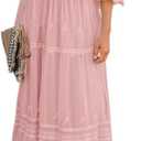 Women's Casual Off Shoulder Lace Maxi Dress Boho White Bridesmaid Wedding Evening Party Dresses (XX-Large, 01 Pink)