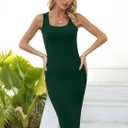 Valiamcep Womens Square Neck Side Slit Bodycon Midi Dresses (Green, S)