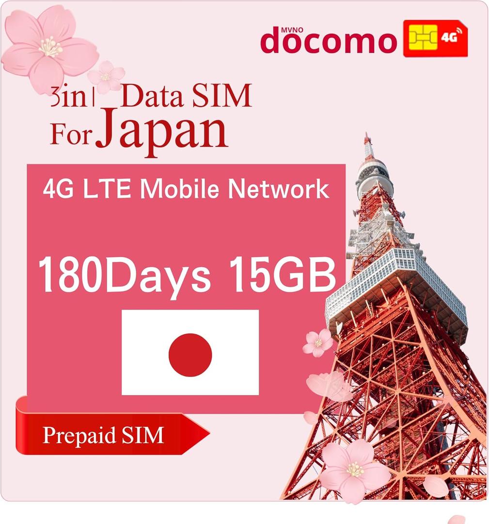 (15GB 180days) Japan Data SIM Card 4G LTE(No Voice & Text) | NTT Docomo Network | No Activation | Supports Hotspot Tethering | English Manual | Reliable Support in English, Japanese, and Chinese (B0DFLT3LYH)