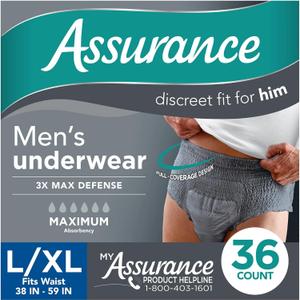 Assurance Men's Incontinence Underwear, L/XL, Maximum Absorbency (36 Count) 3X Max Defense, Grey