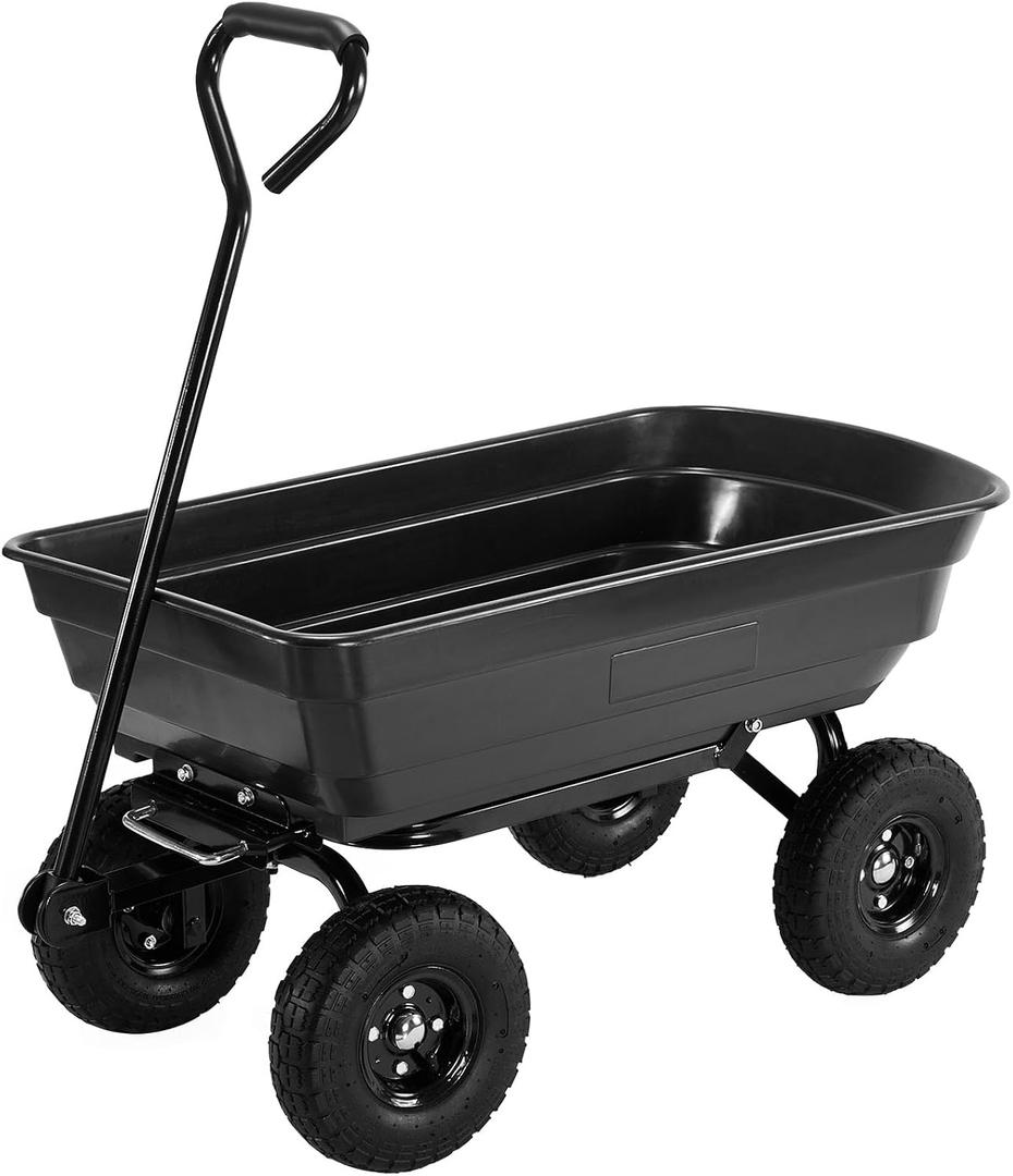Garden Cart Utility Yard Cart with Steel Frame, 600 Pound Capacity Dump Wagon, and 10 Inch Tires for Lawn, Gardening, Construction - Black