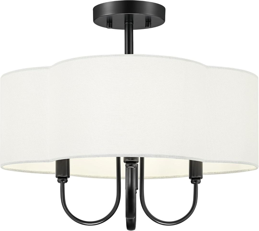 18" Semi Flush Mount Ceiling Light, 4-Light Vintage Light Fixtures Ceiling Mount with Fabric Shade in Quatrefoil for Kitchen Nursery Entryway Hallway Bedroom, Matte Black, SM179-MB-L