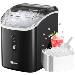 Nugget Ice Maker Countertop, Silonn Chewable Pellet Ice Machine with Self-Cleanin Function, 33lbs/ 24H Portable Ice Makers for Home Kitchen Officce, Black