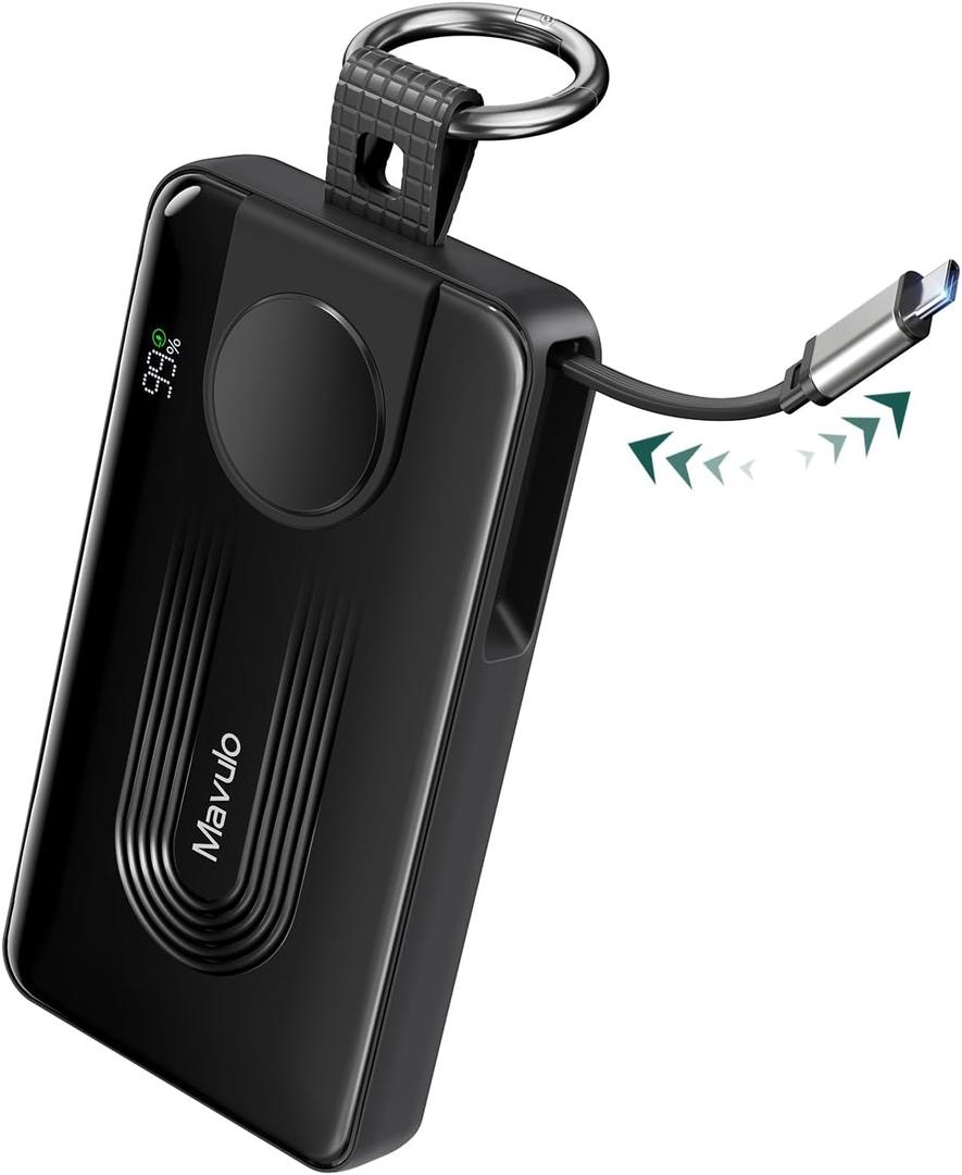 Mavulo 3-in-1 Portable Charger 10000mAh Power Bank for Samsung Galaxy Watch, Retractable USB-C Cable, 20W PD Fast Charging, LED Display & Keychain Battery Pack for iPhone 16/15, Galaxy S25 Series