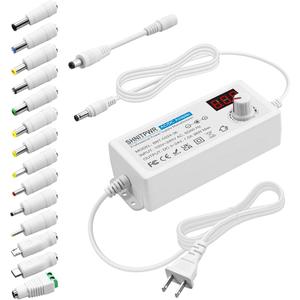 SHNITPWR 3V ~ 12V Power Supply 60W Universal Adjustable AC Adapter 100V-240V AC to DC 3V 4V 4.5V 5V 6V 9V 10V 12V Variable Power Converter 5A Max with 14 Tips Polarity Converter LCD Display, White
