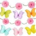 OBBOLO 3D Hanging Butterfly Decorations, Colorful Butterfly Birthday Party Decorations with Tissue Pompom Garland, 6 Pcs Paper Hanging Decorations for Girls, Women, Flower Garden Party Dcor
