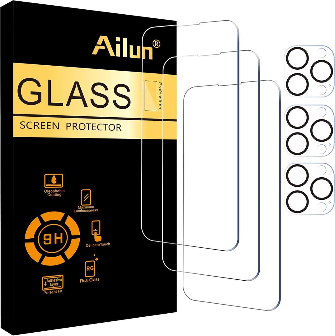 Ailun 3 Pack Screen Protector for iPhone 14 Pro [6.1 inch] + 3 Pack Camera Lens Protector,Sensor Protection,Dynamic Island Compatible,Case Friendly Tempered Glass Film,[9H Hardness] - HD