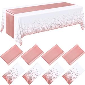 Breling 8 Pack White and Rose Gold Disposable Plastic Tablecloths and Satin Table Runner Set, 54 x 108 Inch Tablecloth, 12 x 108 Inch Table Runners for Wedding Graduation Birthday Baby Shower New Year