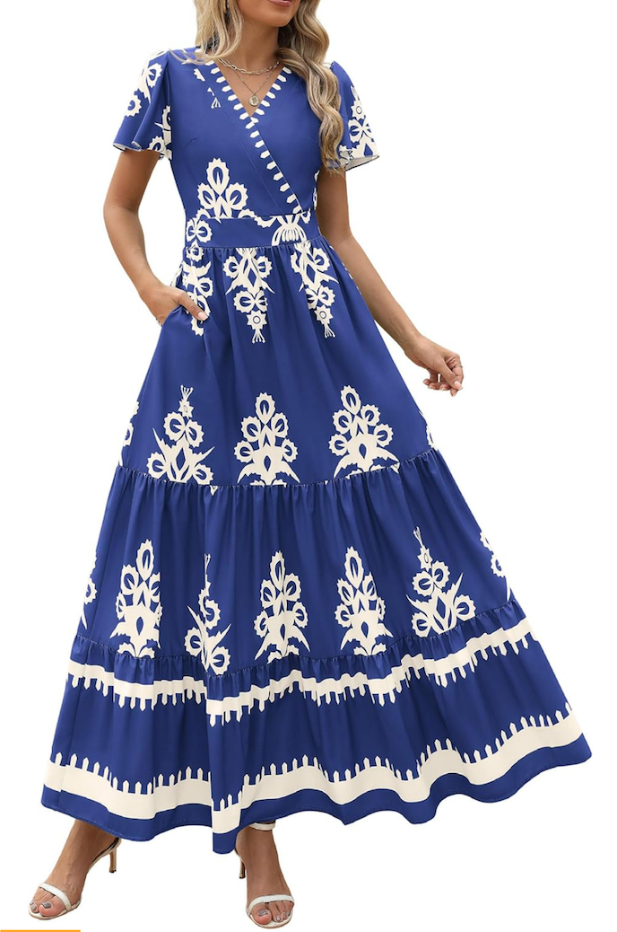 PRETTYGARDEN Womens 2025 Summer Casual V Neck Boho Maxi Dress Flowy Aline Bell Sleeve Tiered Floral Dresses with Pocket M