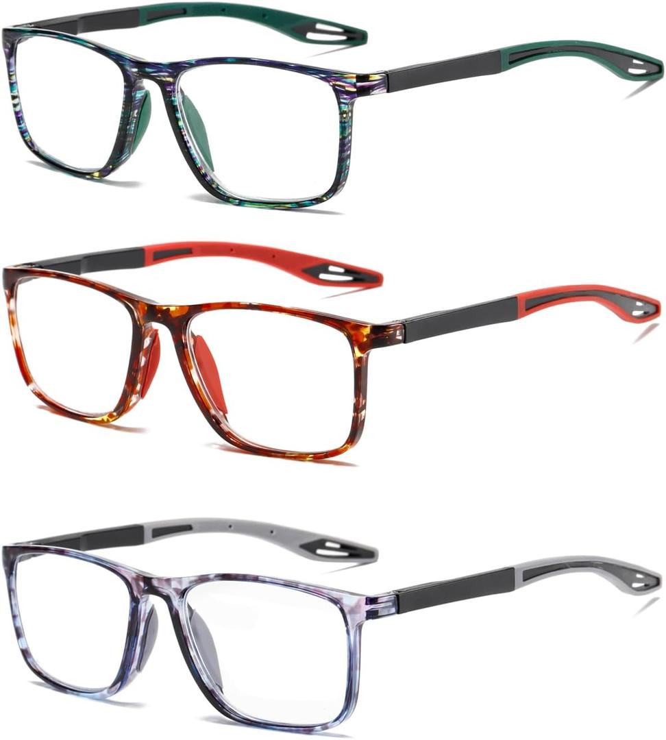 Hubeye TR90 Sports Reading Glasses for Men and Women Ultralight Flexible Anti-Blue Light ReadersPattern green+Pattern red+Pattern gray+0.0