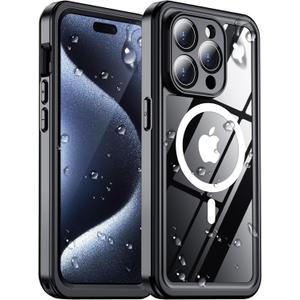 2024 New Designed for iPhone 15 Pro Case Waterproof, [Compatible with MagSafe][Built-in Camera & Screen Protector][Full Body Shockproof][IP68 Waterproof][Dustproof] Phone Case for iPhone 15 Pro 6.1" (Black/Clear-Mag)