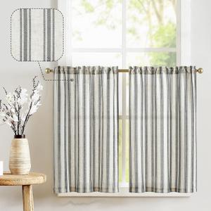 jinchan Striped Linen Kitchen Curtains 36 Inch Tiers Cafe Curtains Farmhouse Small Drapes for Windows Short Balanced Stripe Half Window Light Filtering for Bathroom Laundry 2 Panels Black on Linen