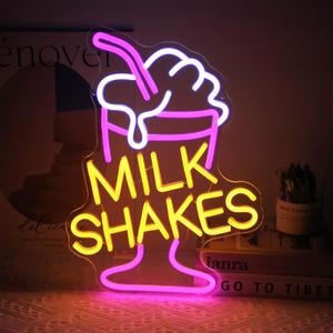 Milk Shakes Neon Signs Ice Cream Neon Light Milk Tea LED Sign Frozen Yogurt Neon Signs for Wall Food Drink Restaurant Lights Neon Wall Decor Light Up Sign for Dessert Shop Bar Decor (Pink Yellow White)