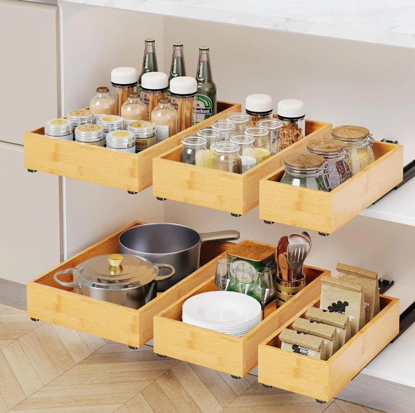 RESENSTORE 3 Pack Bamboo Pull Out Cabinet Organizer,Slide Out Drawers for Kitchen Cabinets,Fixed with Nano Adhesive Film Multifunctional Drawer Organizers For Pantry Bathroom Bedroom