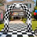 8FT Black and White Checkered Outdoor Race Car Inflatable Arch with Happy Birthday Banner, Blow Up Racing Party Decoration with Built-in 3 LED Lights for Race Car Themed Birthday Party Lawn Yard Decor