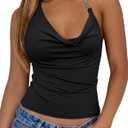 Women's Sexy Halter Tops with Chain Strap Ruched Cowl Neck Going Out Tops Open Back Sleeveless Y2K Tank Top (Black, M)