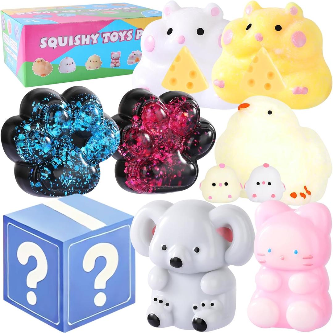 Taba Squishy 10Pack, Fufu Squishy Fidget Toys Kit, Include Squishies Chick Toys, Cat Paws, Hamster, Stress Relief Toy, Squeeze Toys, Party Favors, Birthday Gift for Girls, Boys, Kids