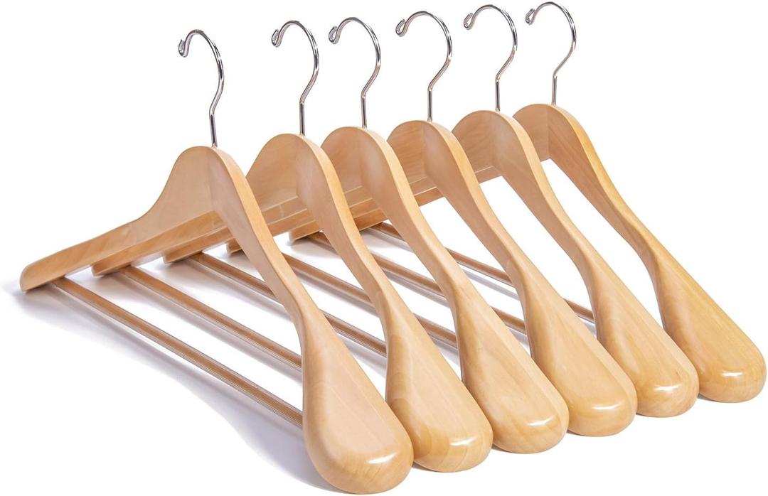 Nature Smile Luxury Natural Wooden Suit Hangers - 6 Pack - Wood Coat Hangers,Jacket Outerwear Shirt Hangers,Glossy Finish with Extra-Wide Shoulder, 360 Degree Swivel Hooks & Anti-Slip Bar with Screw (17.5 inches 6 pack)