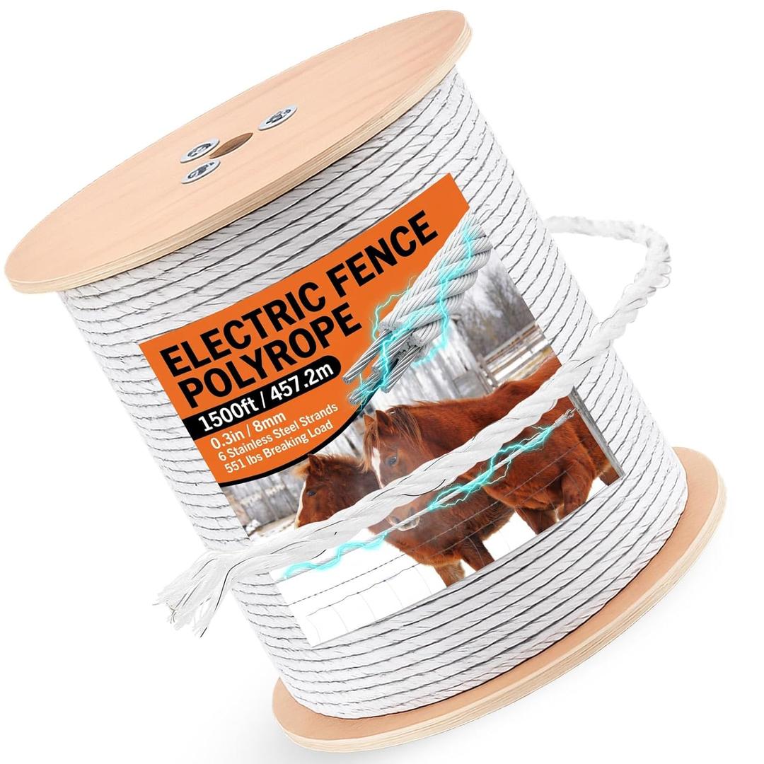 Electric Fence Polywire 1500 Feet(457.2m) Length, 0.3 Inch Wide(8mm) Electric Fencing Wire with 6 Stainless Steel Strands Portable Fence Rope for Livestock Garden
