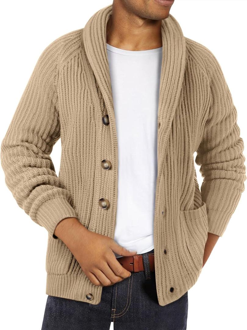 Ryannology Mens Shawl Neck Cardigan Sweater Cable Knit Button Up Closure with Pockets Winter Sweaters Outerwear (XX-Large)