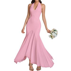 HTZMO Women Formal Sexy V Neck Halter Tie Maxi Dress Bodycon Flowy Wedding Guest Cocktail Elegant Long Dresses Pink M (M)
