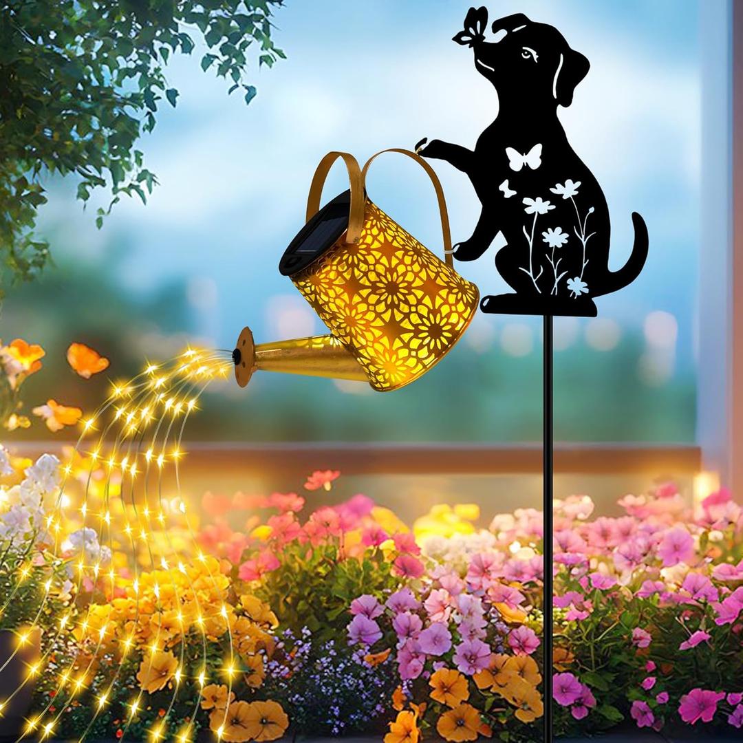 Solar Lights Outdoor Decorative, Watering Can with Cascading Lights, with Dog Silhouette Garden Stakes, Gifts for Mom Women, Waterproof Metal Garden Decor for Yard Art, Outside(1 Pack)