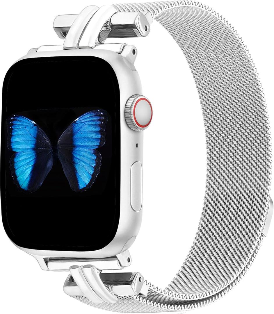 Slim Metal Band for Apple Watch Bands for Women , H-shaped Magnetic Strap Stainless Steel Mesh Clasp for iWatch Series, Size: 49mm/46mm/45mm/44mm/42mm