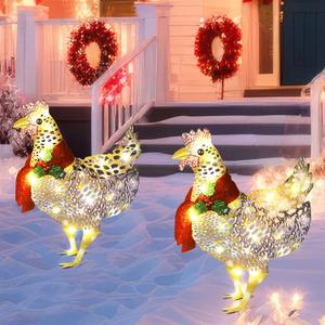 Shellwei 2 Pcs Light up Chicken with Scarf Christmas Decoration Metal Chicken Ornaments with 60 LED Lights Christmas Rooster with Stakes for Xmas Yard Garden Patio Lawn Outdoor Decor